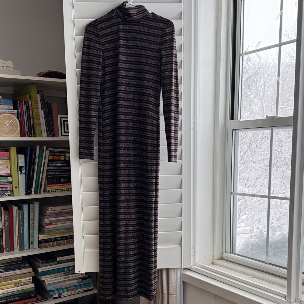 Chic Metallic Long Black Silver Copper Pink Striped Dress